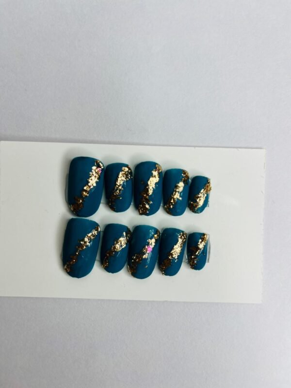 teal with gold glitter accents press on nails