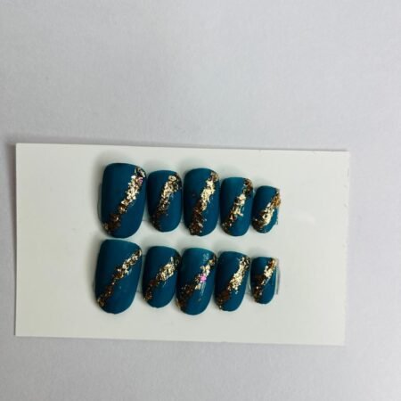 teal with gold glitter accents press on nails